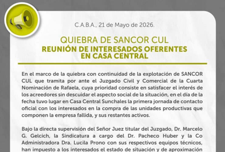 QUIEBRA DE SANCOR CUL REUNIÓN DE INTERESADOS OFERENTES EN CASA CENTRAL