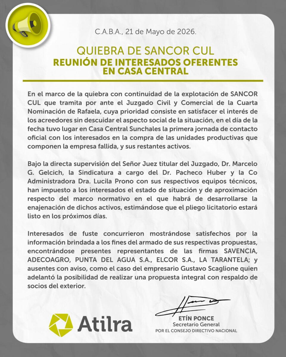 QUIEBRA DE SANCOR CUL REUNIÓN DE INTERESADOS OFERENTES EN CASA CENTRAL