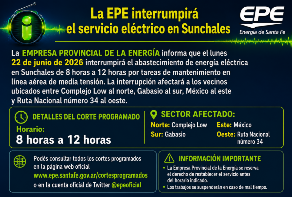 La EPE interrumpirá el servicio eléctrico en Sunchales