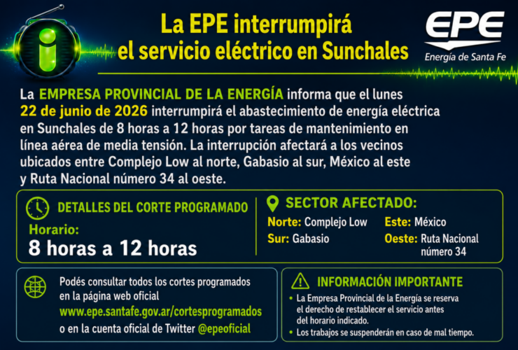 La EPE interrumpirá el servicio eléctrico en Sunchales