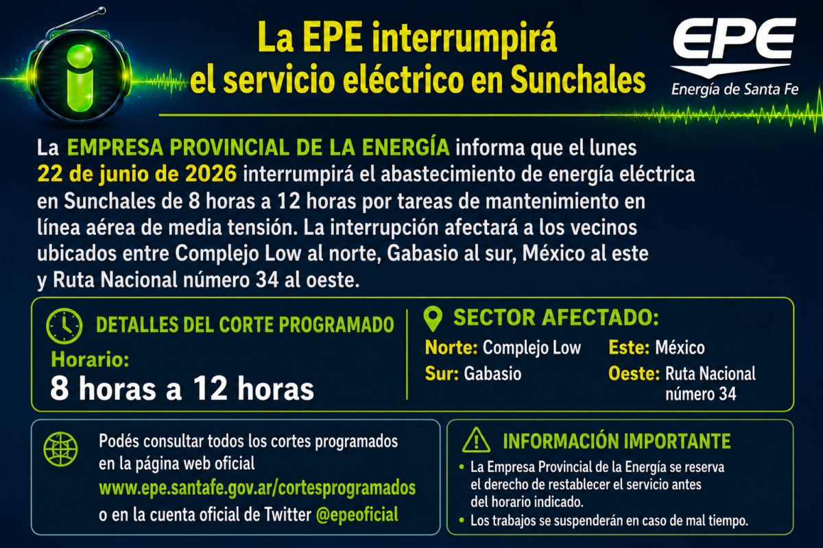 La EPE interrumpirá el servicio eléctrico en Sunchales