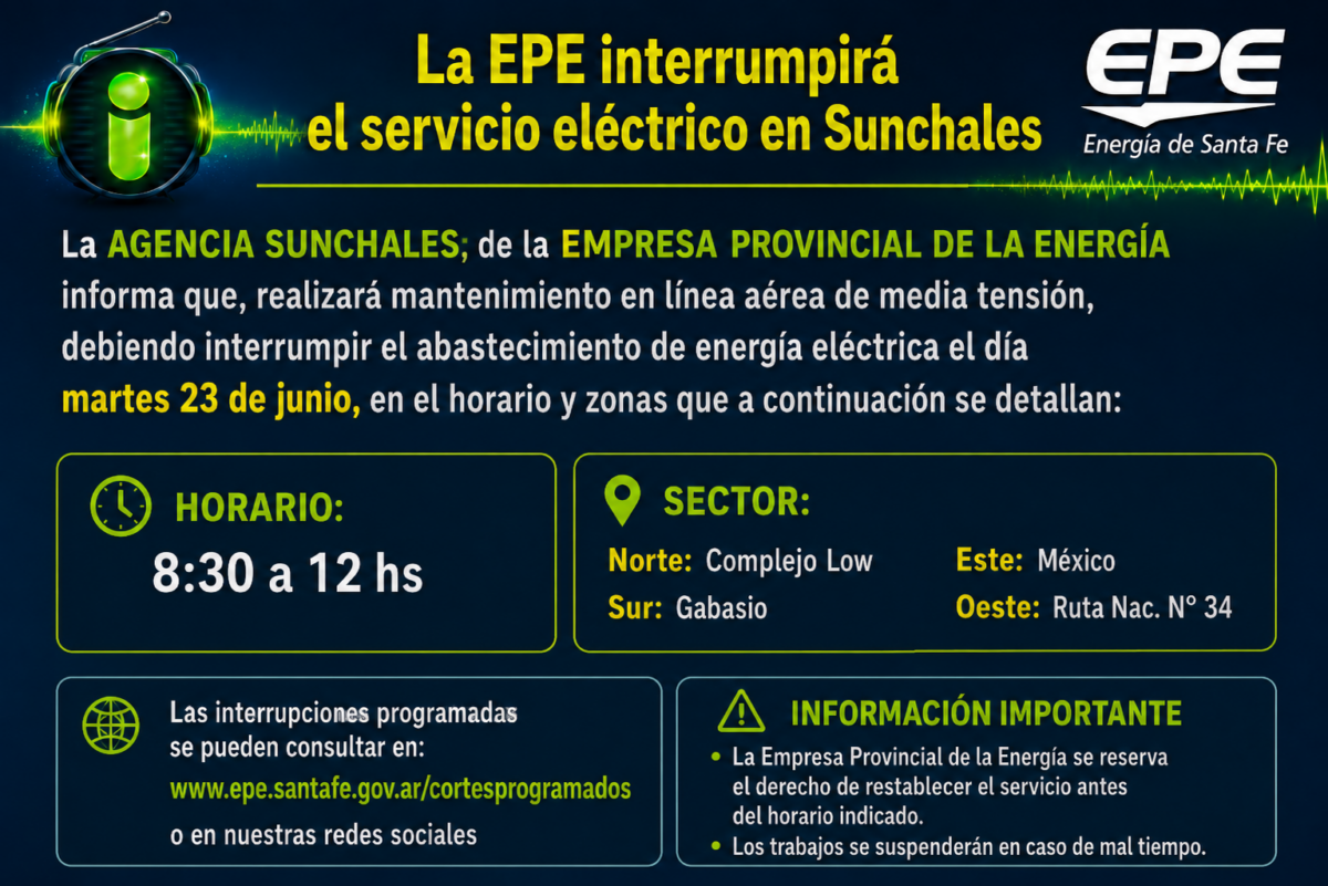 Corte de luz en Sunchales el martes 23 de junio