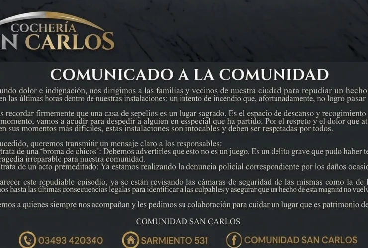 Cochería San Carlos repudia intento de incendio