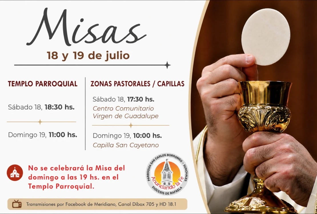 Parroquia San Carlos Borromeo informa los horarios de Misa para este fin de semana.