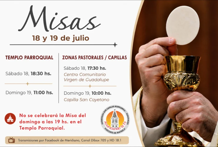 Parroquia San Carlos Borromeo informa los horarios de Misa para este fin de semana.