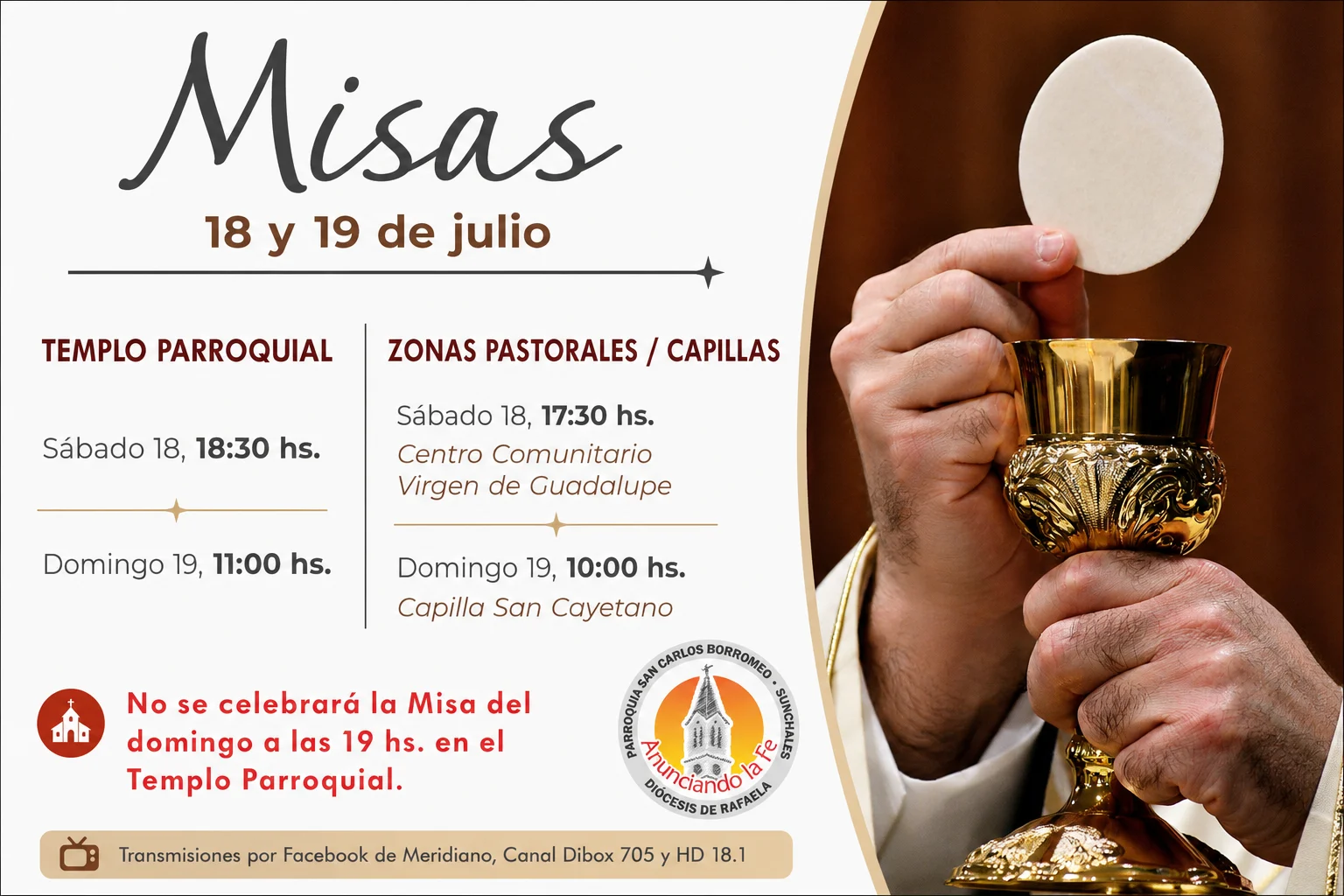 Parroquia San Carlos Borromeo informa los horarios de Misa para este fin de semana.