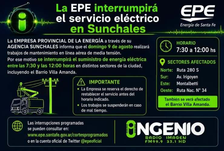 La Epe interrumpirá el servicio eléctrico en Sunchales
