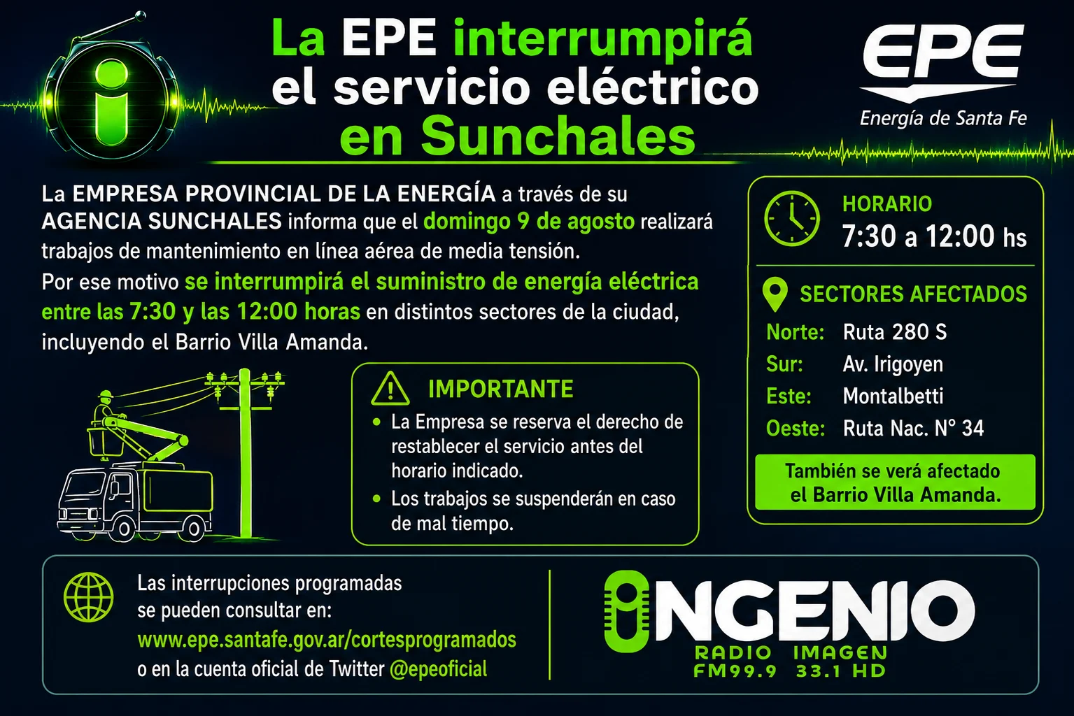 La Epe interrumpirá el servicio eléctrico en Sunchales