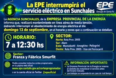 La Empresa Provincial de la Energía interrumpirá el servicio en Sunchales
