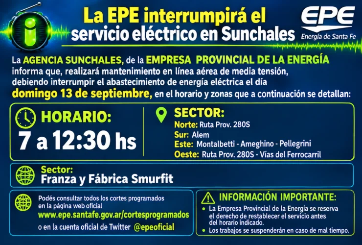 La Empresa Provincial de la Energía interrumpirá el servicio en Sunchales