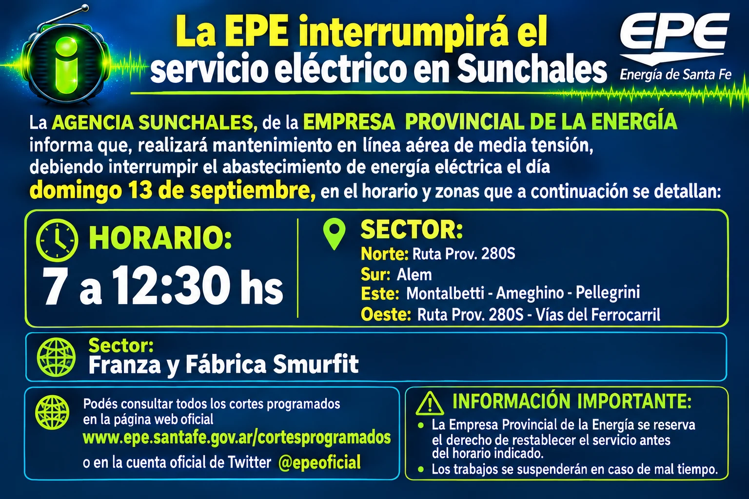 La Empresa Provincial de la Energía interrumpirá el servicio en Sunchales